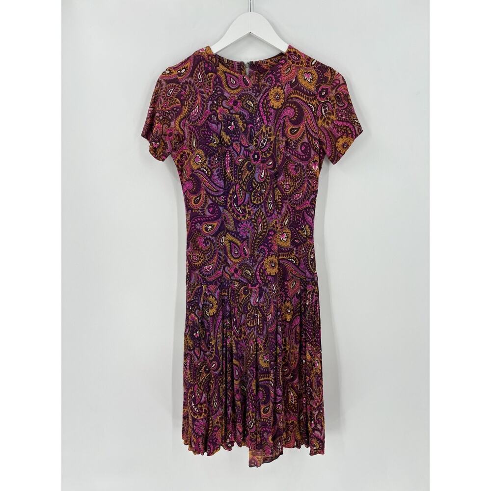 Vintage Dress Womens Small Pink Purple Paisley Printed Pleated Knee Length